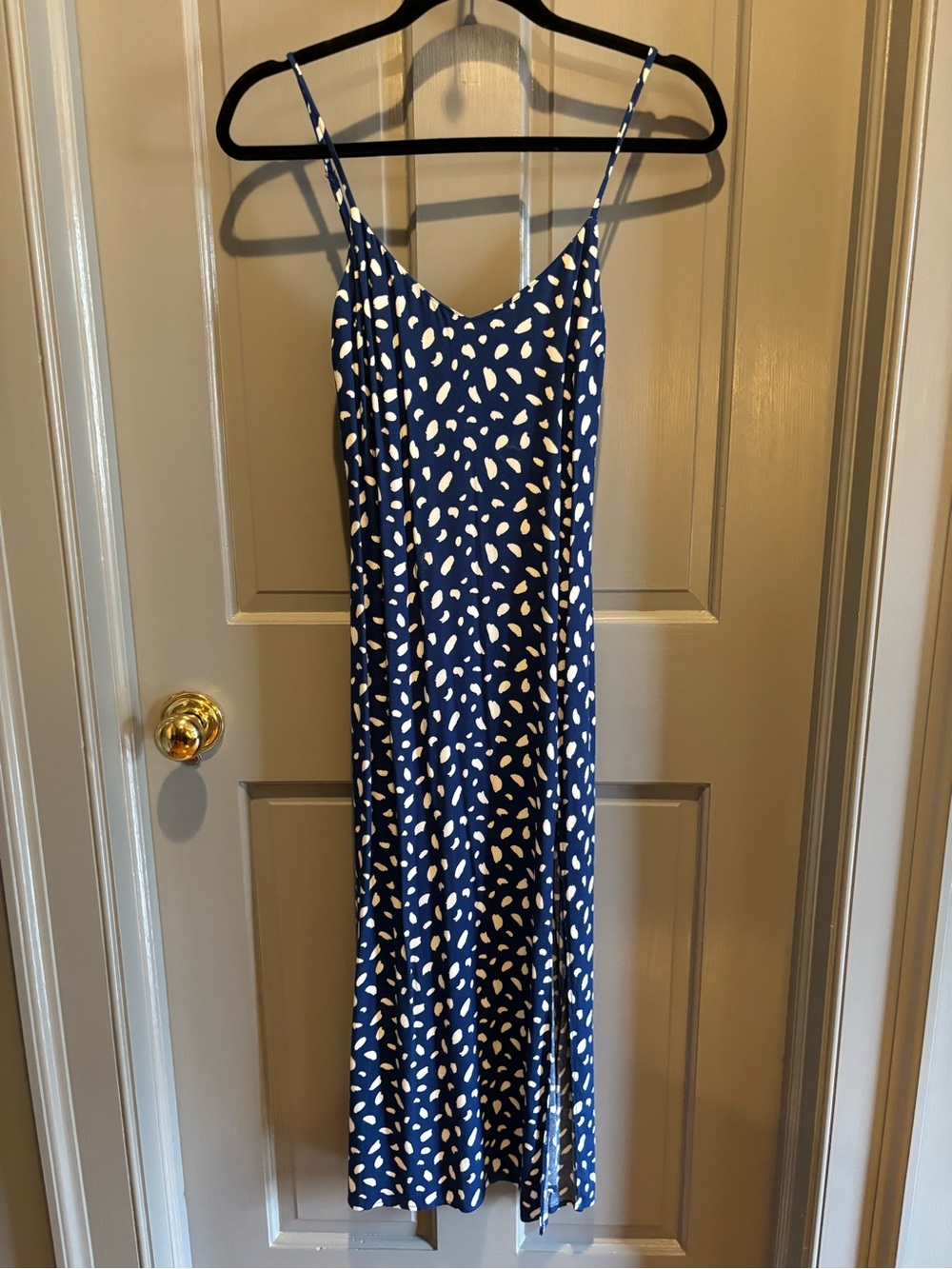 Reformation Navy Blue Midi Slip Dress with White Spot Print